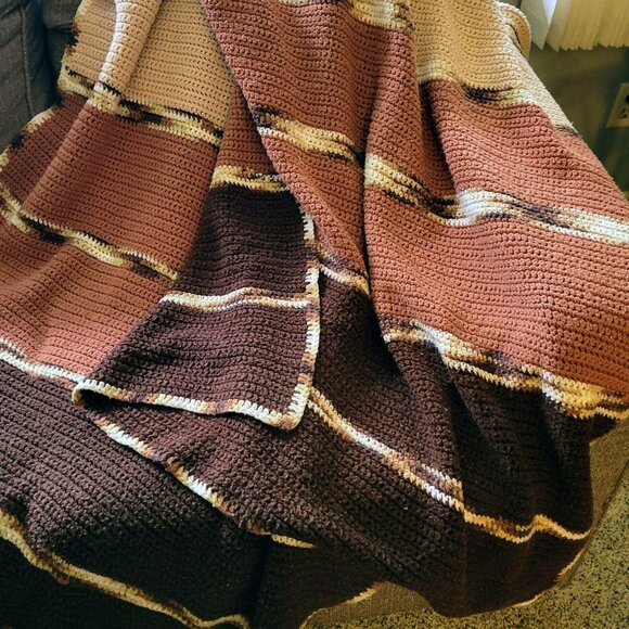 Vintage Crochet LONG Afghan Blanket, Pink, Brown & Cream Stripes Couch Throw - Picture 2 of 10